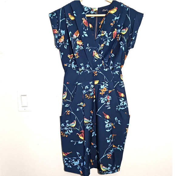 Closet Blu Tropical Birds Floral V-Neck Short Sleeve Navy Blue Yellow S Dress - Picture 4 of 7